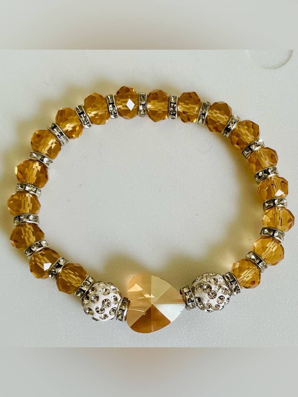 Czech Crystal Gold Topaz Heart Bracelet 7”-8” stretchy NEW Gorgeous!